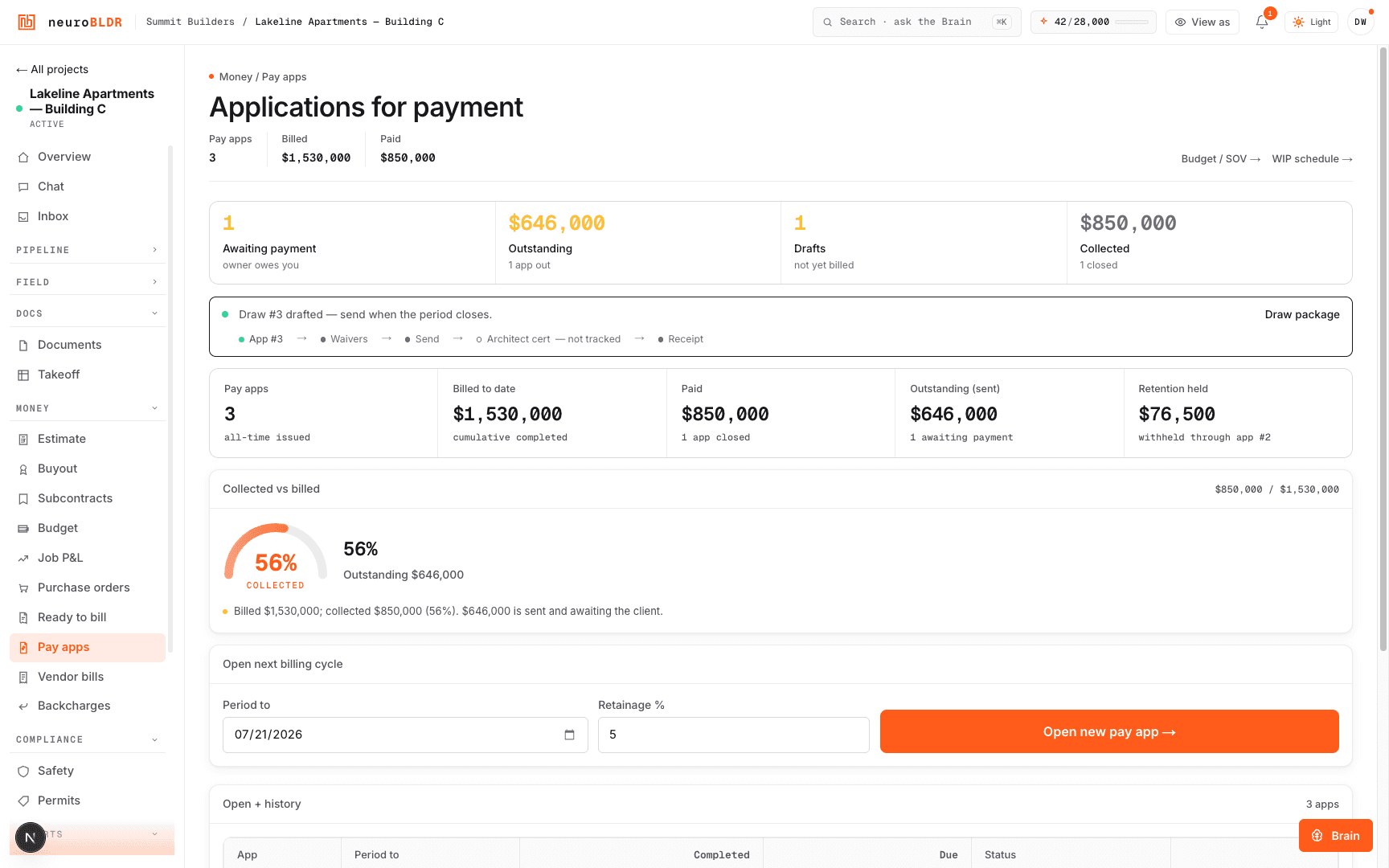 neuroBLDR pay applications — AIA-format draw pipeline with retention held