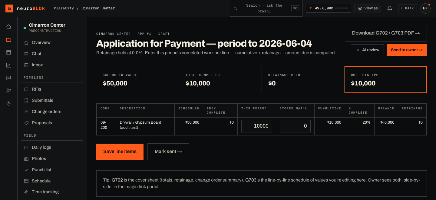 neuroBLDR pay application — G702/G703 totals, schedule-of-values line editing, AI review and send-to-client, captured from the live app
